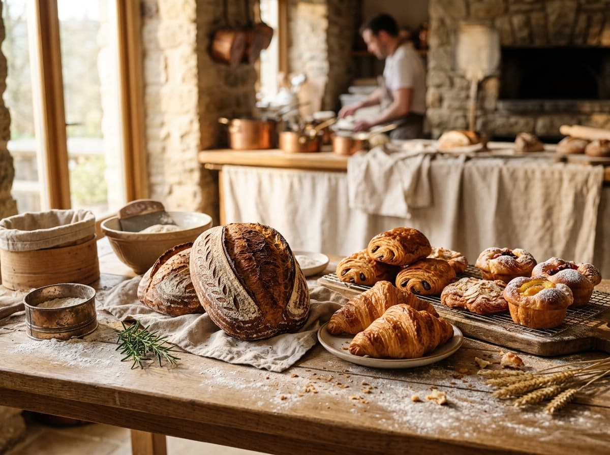 Fresh sourdough bread loaves and morning pastries